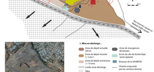 Figure 1. Vue aérienne (en bas) et cartographie (en haut) de la décharge de Koshe Repi à Addis Abäba.