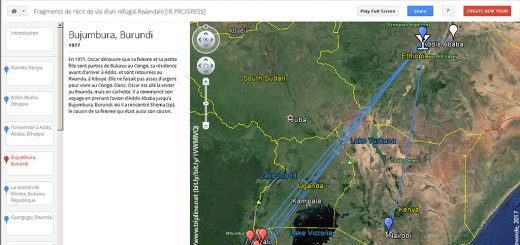 Figure 2. Capture d’écran de la mise en carte du récit d’Oscar à l’aide de Google Tour Builder (carte accessible sur Internet : bit.ly/1VWMlVQ).